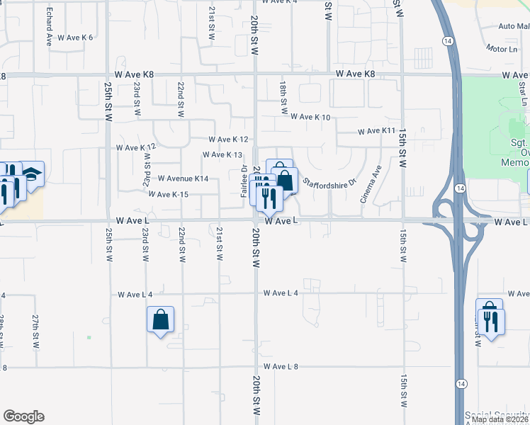 map of restaurants, bars, coffee shops, grocery stores, and more near 1983 West Avenue L in Lancaster