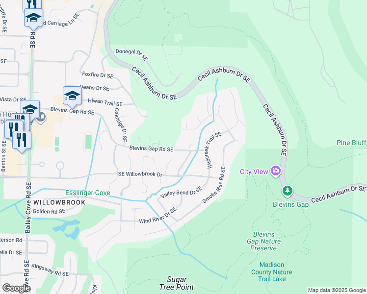 map of restaurants, bars, coffee shops, grocery stores, and more near 1409 Blevins Gap Road Southeast in Huntsville