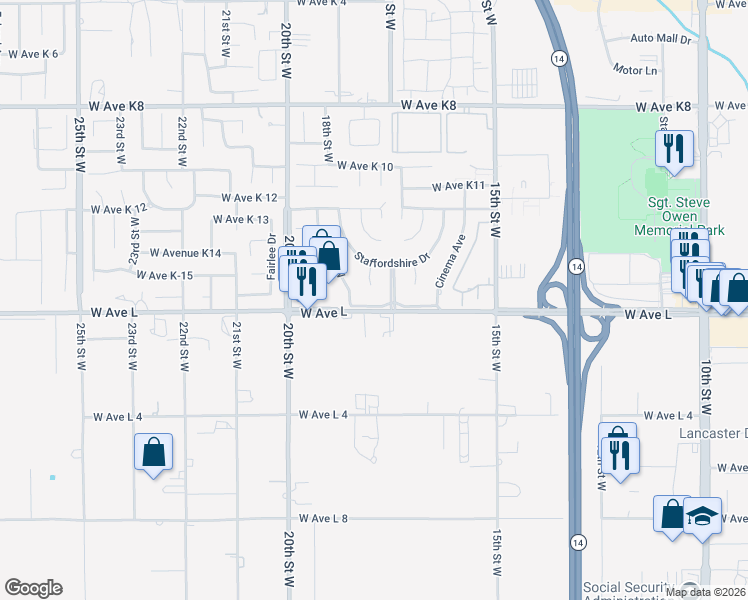 map of restaurants, bars, coffee shops, grocery stores, and more near 1719 West Avenue L in Lancaster