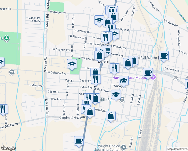 map of restaurants, bars, coffee shops, grocery stores, and more near 101 South Main Street in Belen