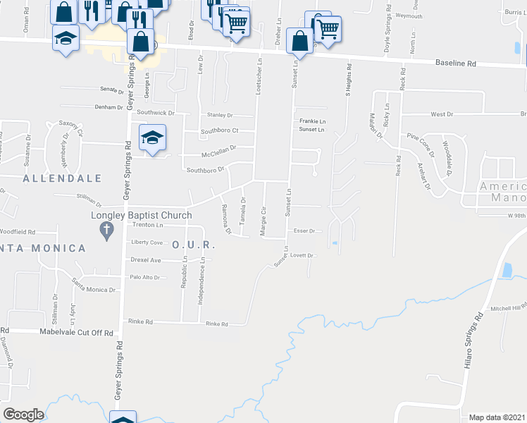 map of restaurants, bars, coffee shops, grocery stores, and more near 9712 Margie Circle in Little Rock