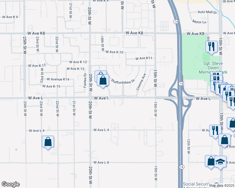 map of restaurants, bars, coffee shops, grocery stores, and more near 1719 West Avenue L in Lancaster