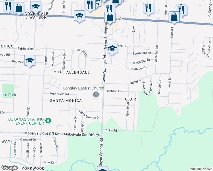 map of restaurants, bars, coffee shops, grocery stores, and more near 5920 Trenton Lane in Little Rock