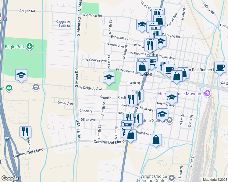 map of restaurants, bars, coffee shops, grocery stores, and more near 1005 West Delgado Avenue in Belen