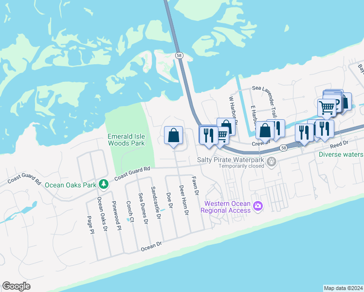 map of restaurants, bars, coffee shops, grocery stores, and more near 303 Osprey Ridge Drive in Emerald Isle