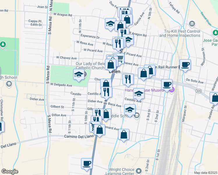 map of restaurants, bars, coffee shops, grocery stores, and more near 101 South Main Street in Belen