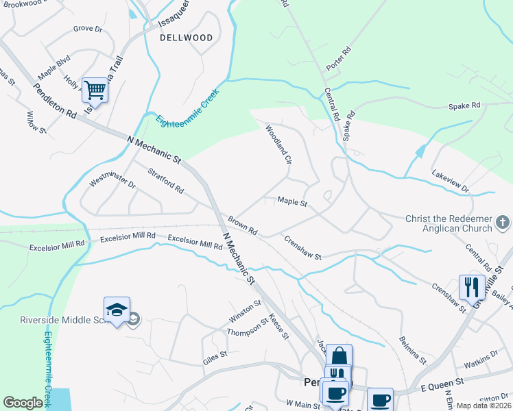 map of restaurants, bars, coffee shops, grocery stores, and more near 130 Woodland Circle in Pendleton