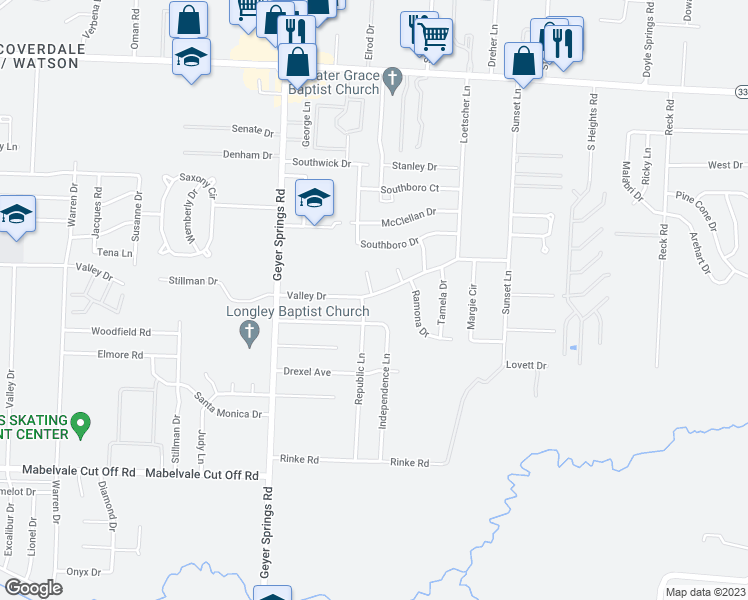 map of restaurants, bars, coffee shops, grocery stores, and more near 5605 Valley Drive in Little Rock