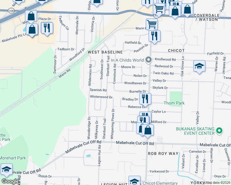 map of restaurants, bars, coffee shops, grocery stores, and more near 7916 Bradley Drive in Little Rock