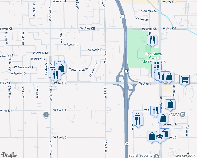 map of restaurants, bars, coffee shops, grocery stores, and more near 1537 West Avenue L in Lancaster