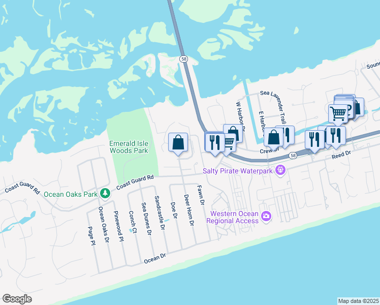 map of restaurants, bars, coffee shops, grocery stores, and more near 9204 Coast Guard Road in Emerald Isle