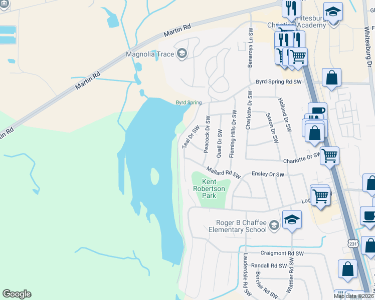 map of restaurants, bars, coffee shops, grocery stores, and more near 7620 Teal Drive Southwest in Huntsville