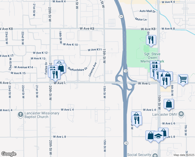 map of restaurants, bars, coffee shops, grocery stores, and more near 1537 West Avenue L in Lancaster