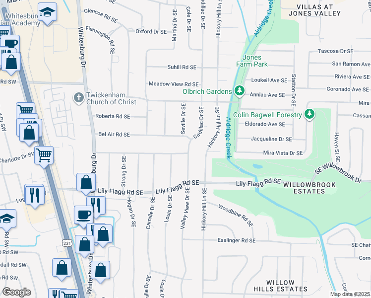 map of restaurants, bars, coffee shops, grocery stores, and more near 8003 Valley View Drive Southeast in Huntsville