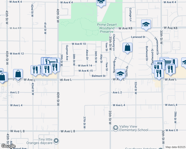 map of restaurants, bars, coffee shops, grocery stores, and more near 3641 Balmont Street in Lancaster
