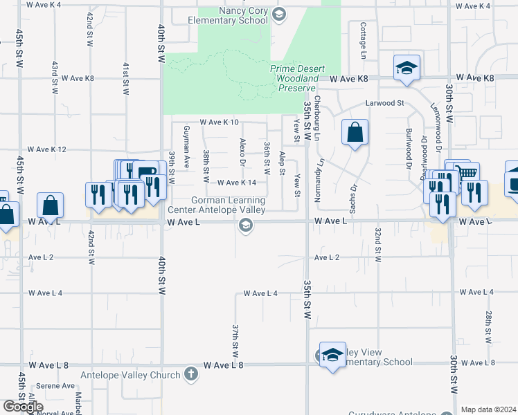 map of restaurants, bars, coffee shops, grocery stores, and more near 3641 Balmont Street in Lancaster
