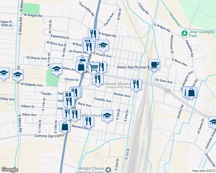 map of restaurants, bars, coffee shops, grocery stores, and more near 500 Becker Avenue in Belen