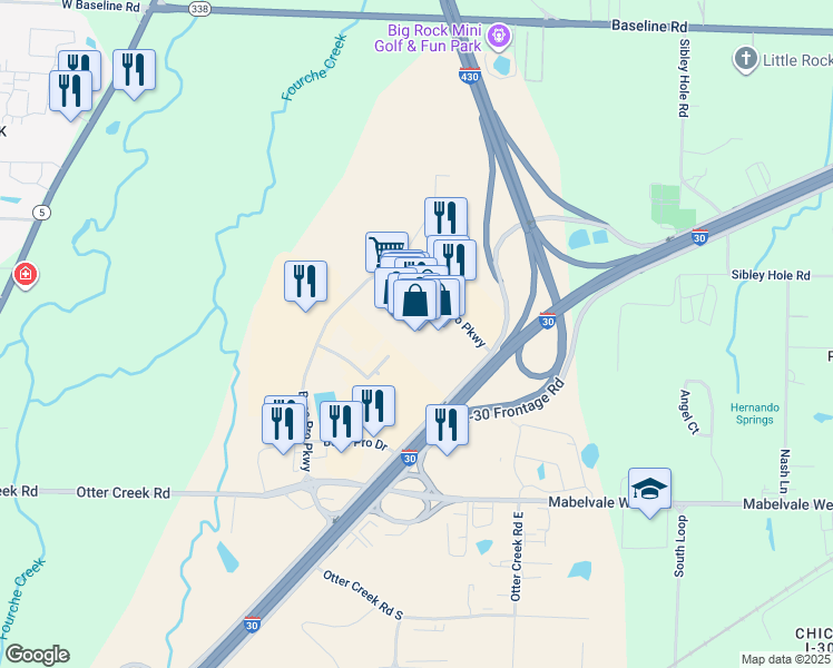 map of restaurants, bars, coffee shops, grocery stores, and more near 11201 Bass Pro Drive in Little Rock