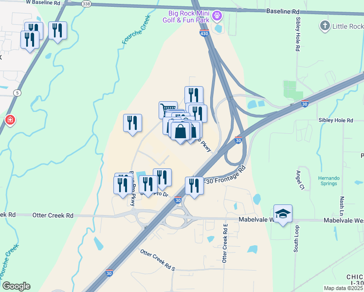 map of restaurants, bars, coffee shops, grocery stores, and more near 11201 Bass Pro Drive in Little Rock