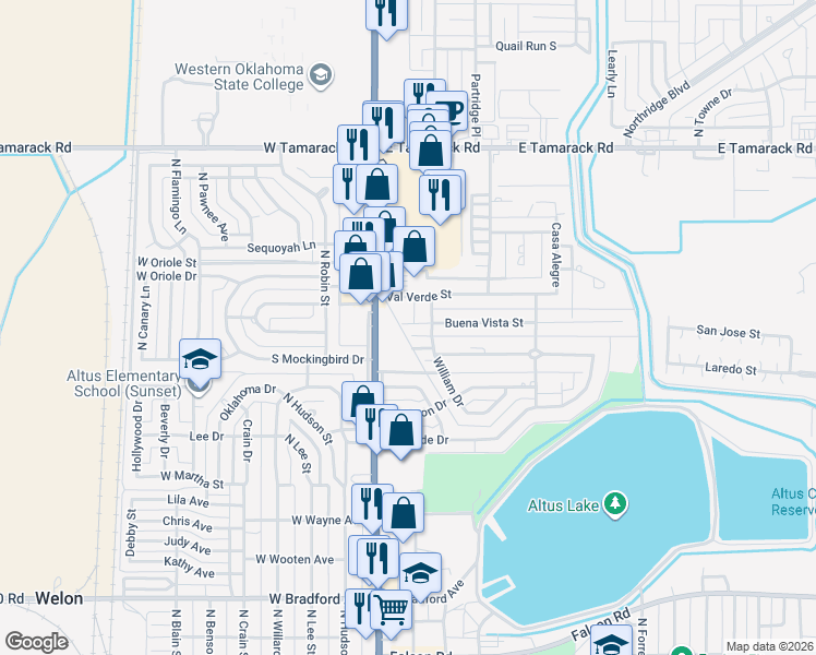 map of restaurants, bars, coffee shops, grocery stores, and more near 116 Buena Vista Loop in Altus