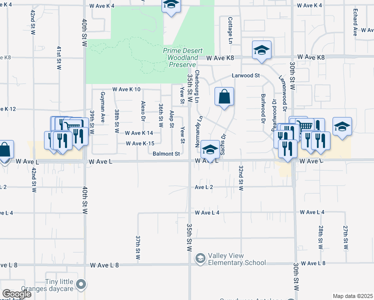 map of restaurants, bars, coffee shops, grocery stores, and more near 42800 Yew Street in Lancaster