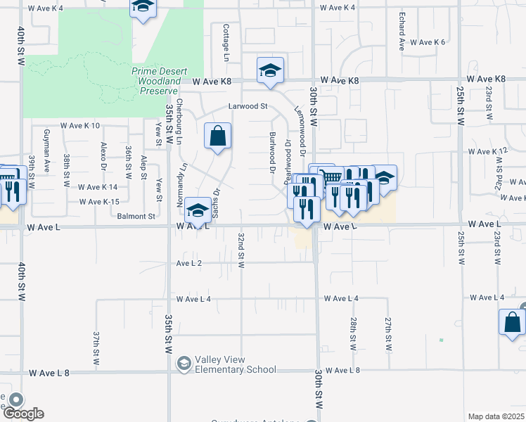 map of restaurants, bars, coffee shops, grocery stores, and more near 3137 Peachwood Drive in Lancaster