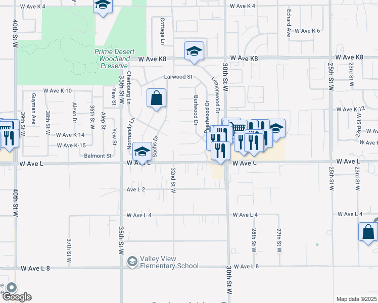 map of restaurants, bars, coffee shops, grocery stores, and more near 3137 Peachwood Drive in Lancaster
