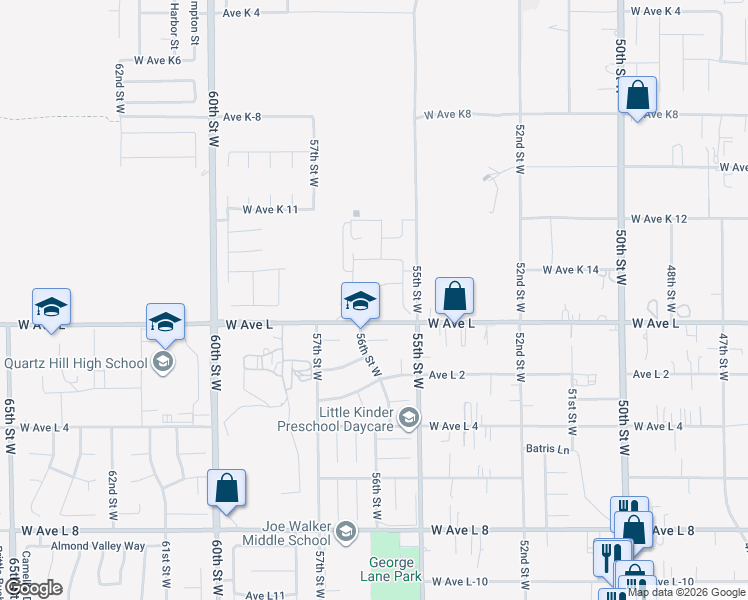 map of restaurants, bars, coffee shops, grocery stores, and more near 42835 56th Street West in Lancaster