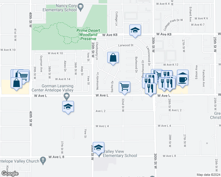map of restaurants, bars, coffee shops, grocery stores, and more near 3303 Brittany Lane in Lancaster