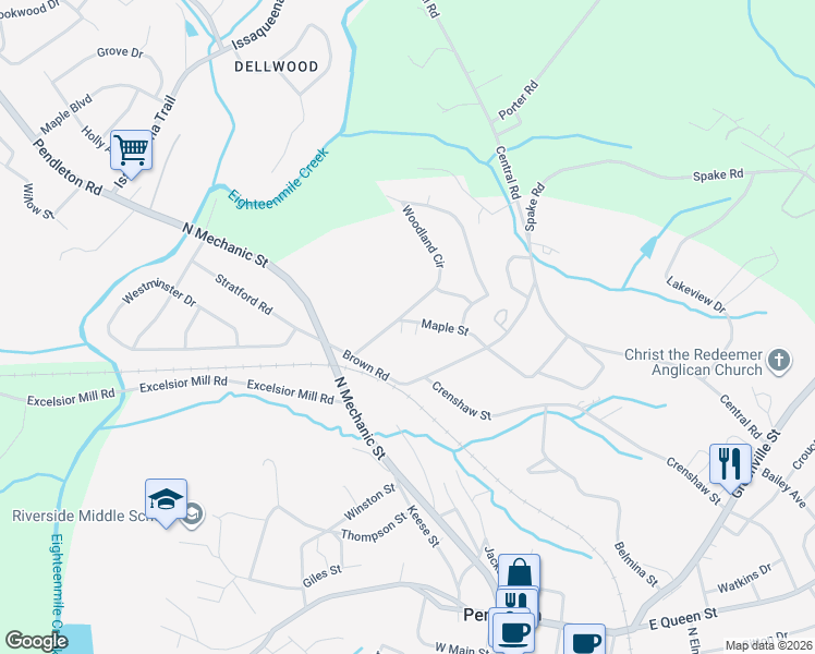 map of restaurants, bars, coffee shops, grocery stores, and more near 130 Woodland Circle in Pendleton