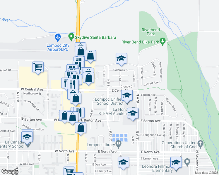 map of restaurants, bars, coffee shops, grocery stores, and more near 500 Crosby Drive in Lompoc