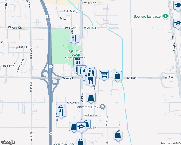 map of restaurants, bars, coffee shops, grocery stores, and more near 745 West Avenue L in Lancaster
