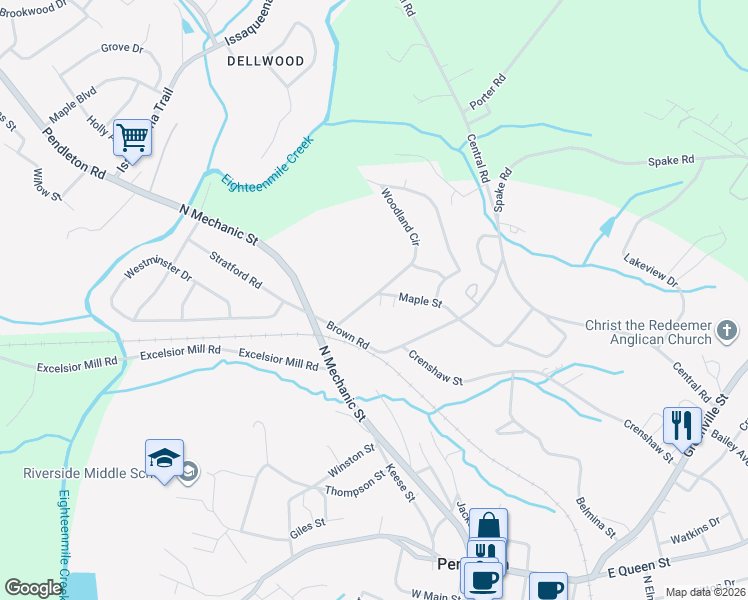 map of restaurants, bars, coffee shops, grocery stores, and more near 130 Woodland Circle in Pendleton