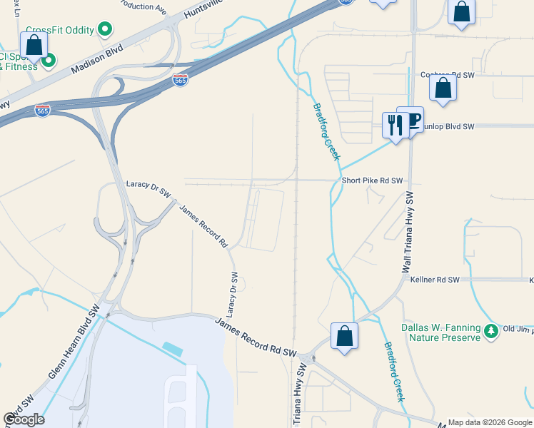 map of restaurants, bars, coffee shops, grocery stores, and more near 237 Laracy Drive Southwest in Huntsville