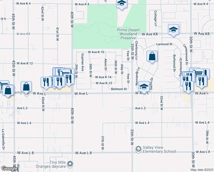 map of restaurants, bars, coffee shops, grocery stores, and more near 42815 Alexo Drive in Lancaster