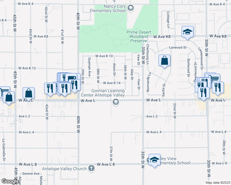 map of restaurants, bars, coffee shops, grocery stores, and more near 42815 Alexo Drive in Lancaster