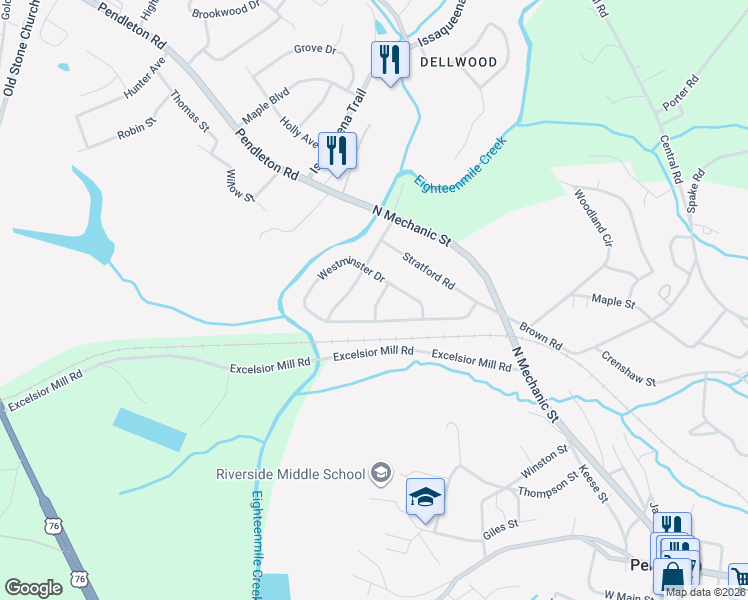 map of restaurants, bars, coffee shops, grocery stores, and more near 302 Westminster Drive in Pendleton
