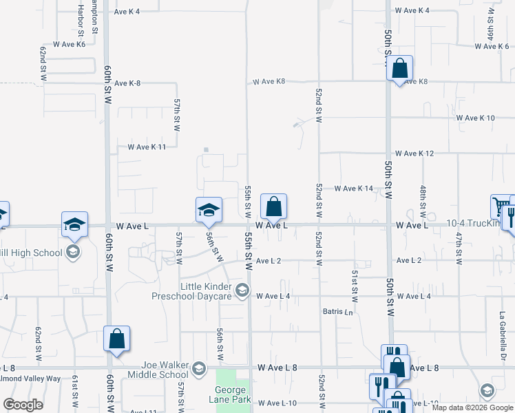 map of restaurants, bars, coffee shops, grocery stores, and more near 5357 West Avenue L in Lancaster