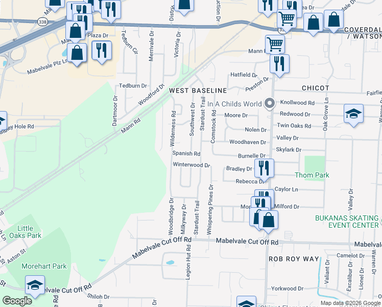 map of restaurants, bars, coffee shops, grocery stores, and more near Spanish Road in Little Rock