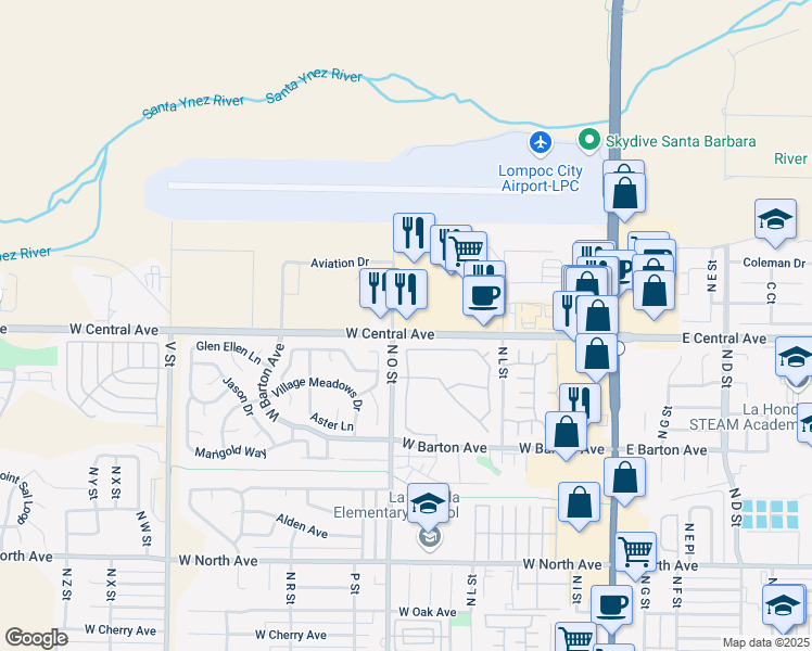 map of restaurants, bars, coffee shops, grocery stores, and more near 1356 Viola Way in Lompoc