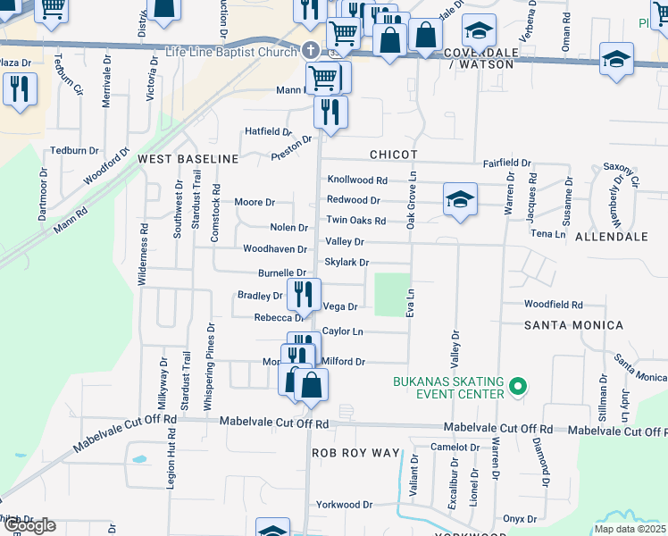 map of restaurants, bars, coffee shops, grocery stores, and more near 7515 Ember Lane in Little Rock