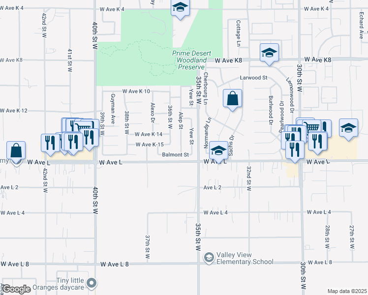 map of restaurants, bars, coffee shops, grocery stores, and more near 42812 Alep Street in Lancaster
