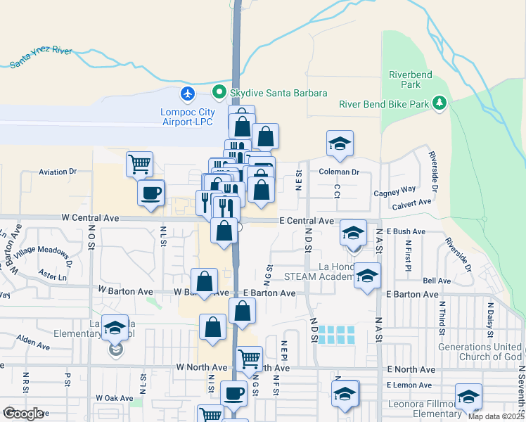 map of restaurants, bars, coffee shops, grocery stores, and more near 212 East Central Avenue in Lompoc