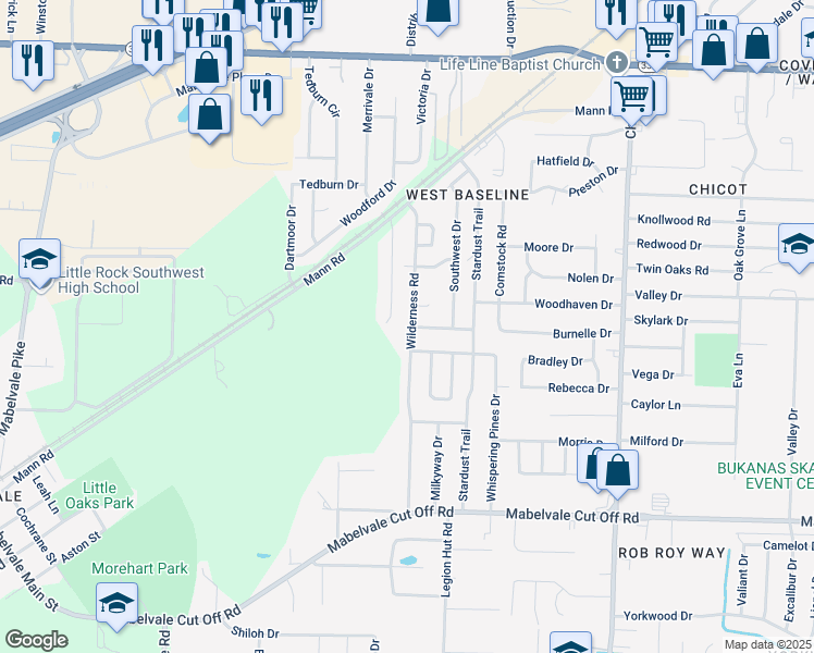map of restaurants, bars, coffee shops, grocery stores, and more near 9814 Wilderness Road in Little Rock