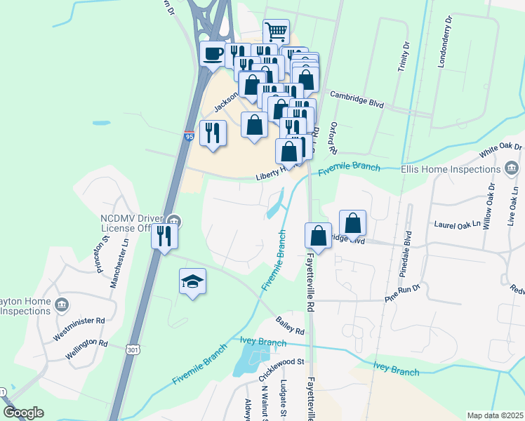 map of restaurants, bars, coffee shops, grocery stores, and more near 4901 Independence Drive in Lumberton