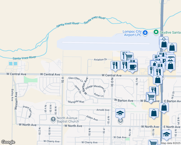 map of restaurants, bars, coffee shops, grocery stores, and more near 1025 West Central Avenue in Lompoc