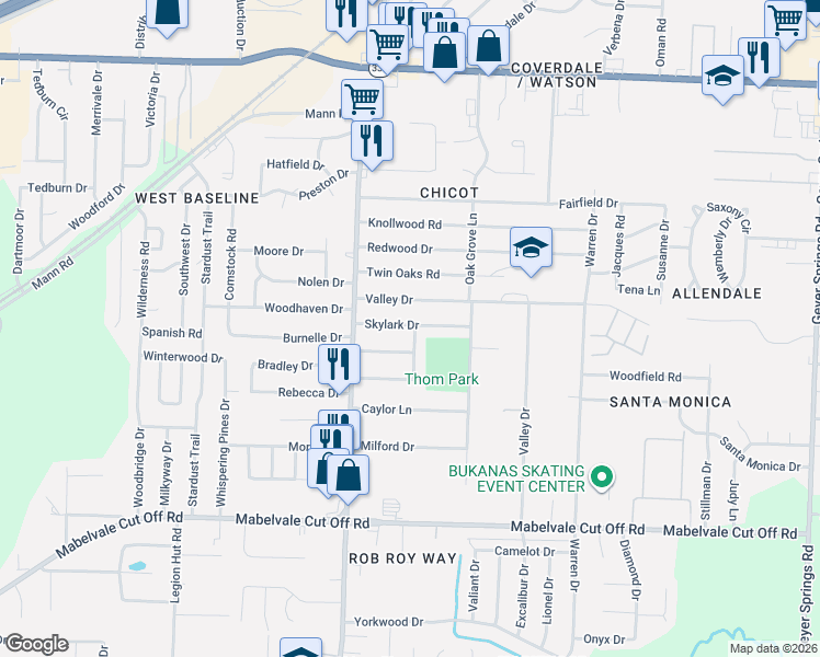 map of restaurants, bars, coffee shops, grocery stores, and more near 7409 Valley Drive in Little Rock