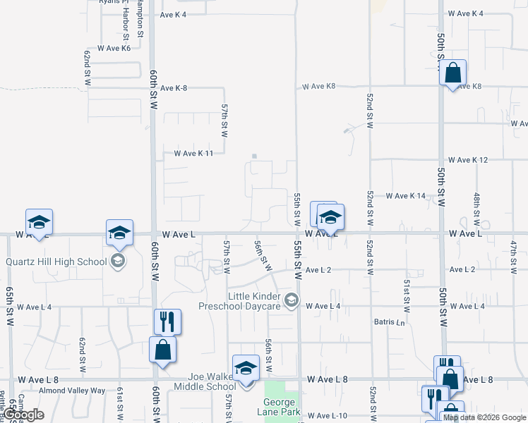 map of restaurants, bars, coffee shops, grocery stores, and more near 42835 56th Street West in Lancaster