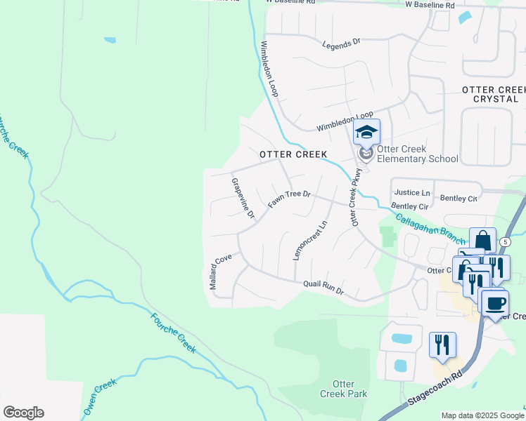 map of restaurants, bars, coffee shops, grocery stores, and more near 18402 Fawn Tree Drive in Little Rock
