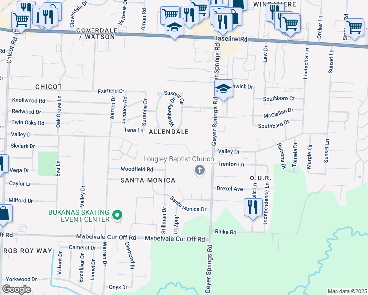 map of restaurants, bars, coffee shops, grocery stores, and more near 9201 Stillman Drive in Little Rock